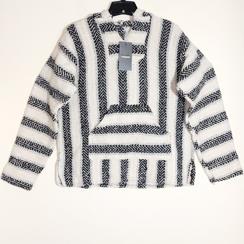 NWT Desing Baja Style Striped Hoodie Sweater Cream Black Festival Size M Poncho - Picture 12 of 12